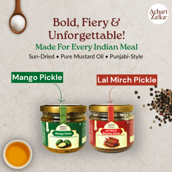 mango achar and red stuffed chilly pickle jars