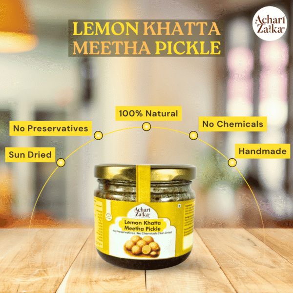 a jar of lemon khatta meetha pickle on wooden table